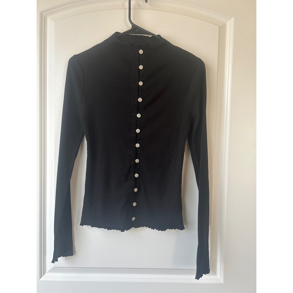 J.Crew Black Ribbed Mock Neck Button Front Lettuce Edge Top Small